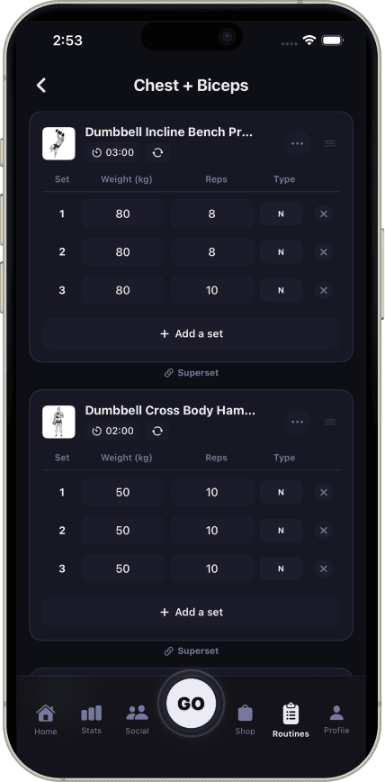 FitGo workout routine editor screen